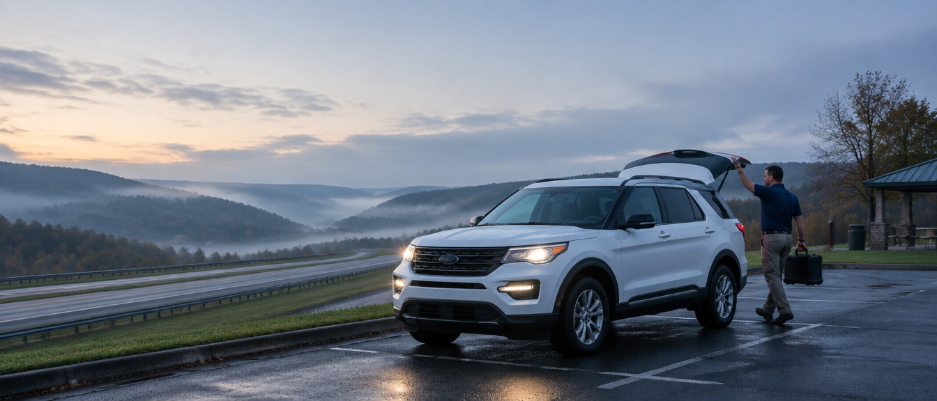 Company SUV driving a mountain highway at dawn