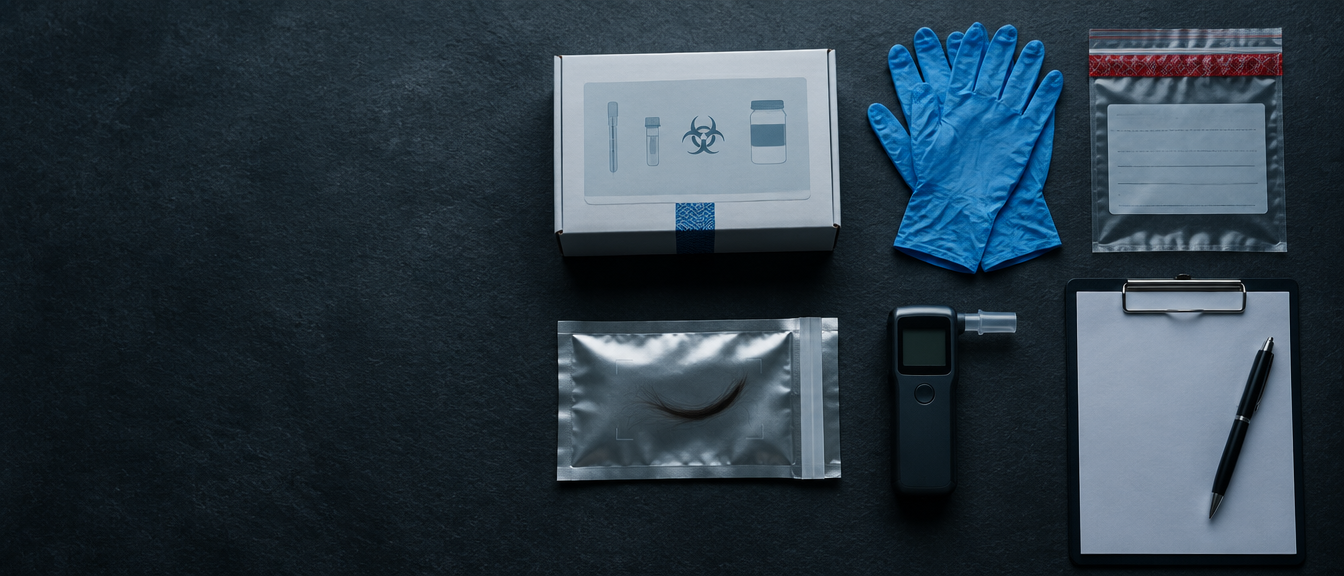 Mobile drug testing kit with specimen cup, gloves, sealed bags and clipboard laid out on a dark surface