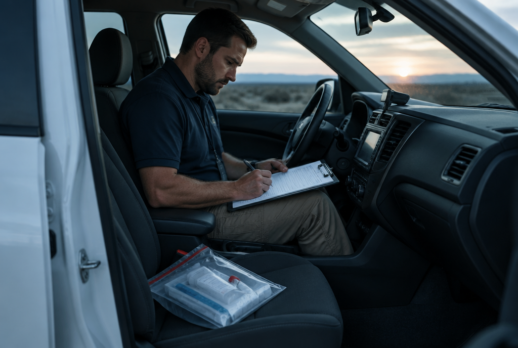 Collector completing chain of custody paperwork in the front seat of a vehicle at sunset