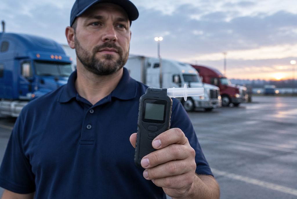 Collection specialist holding a breath alcohol device in a truck yard