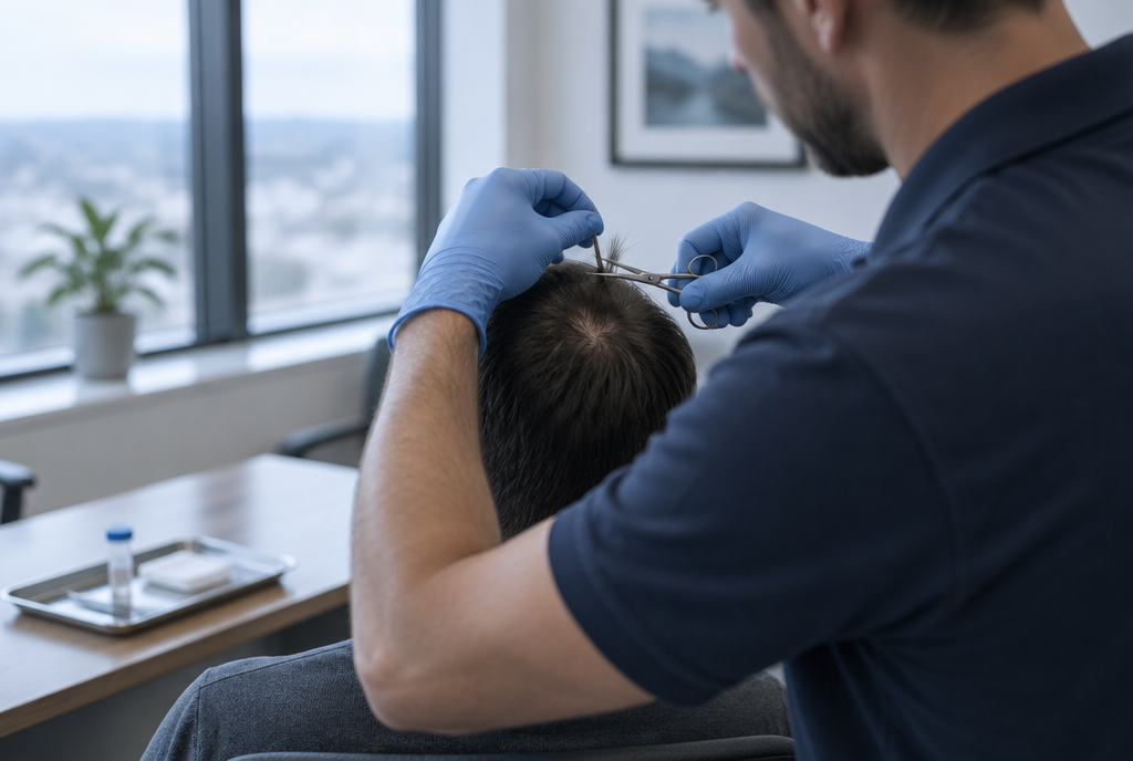 Collector taking a small hair sample from the crown of a client's head for a hair follicle drug test