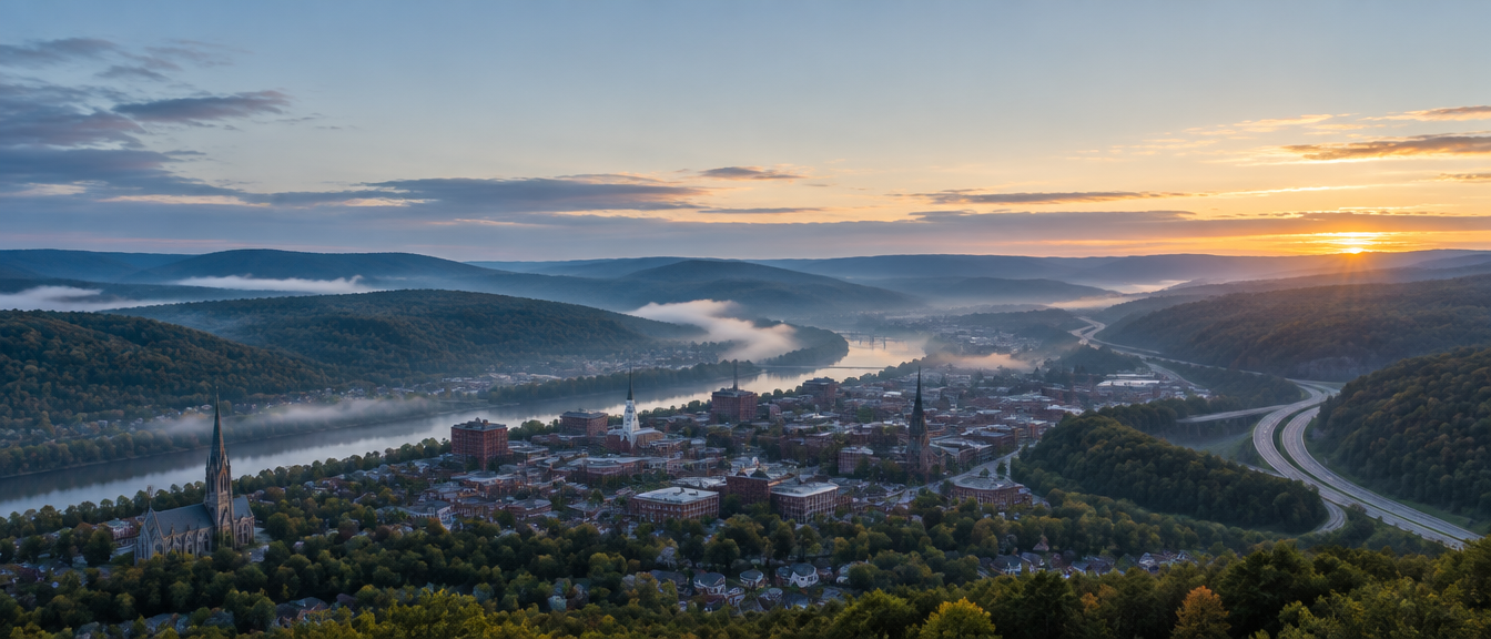 Aerial view of a Northeast Pennsylvania river valley town at sunrise