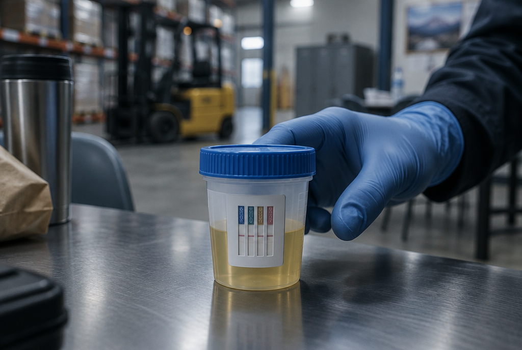 Gloved hand holding a urine drug test specimen cup in a warehouse