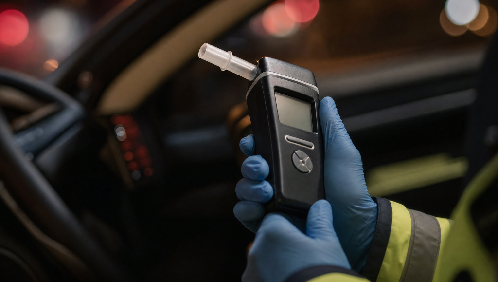 Evidential breath alcohol testing device held in a gloved hand inside a vehicle